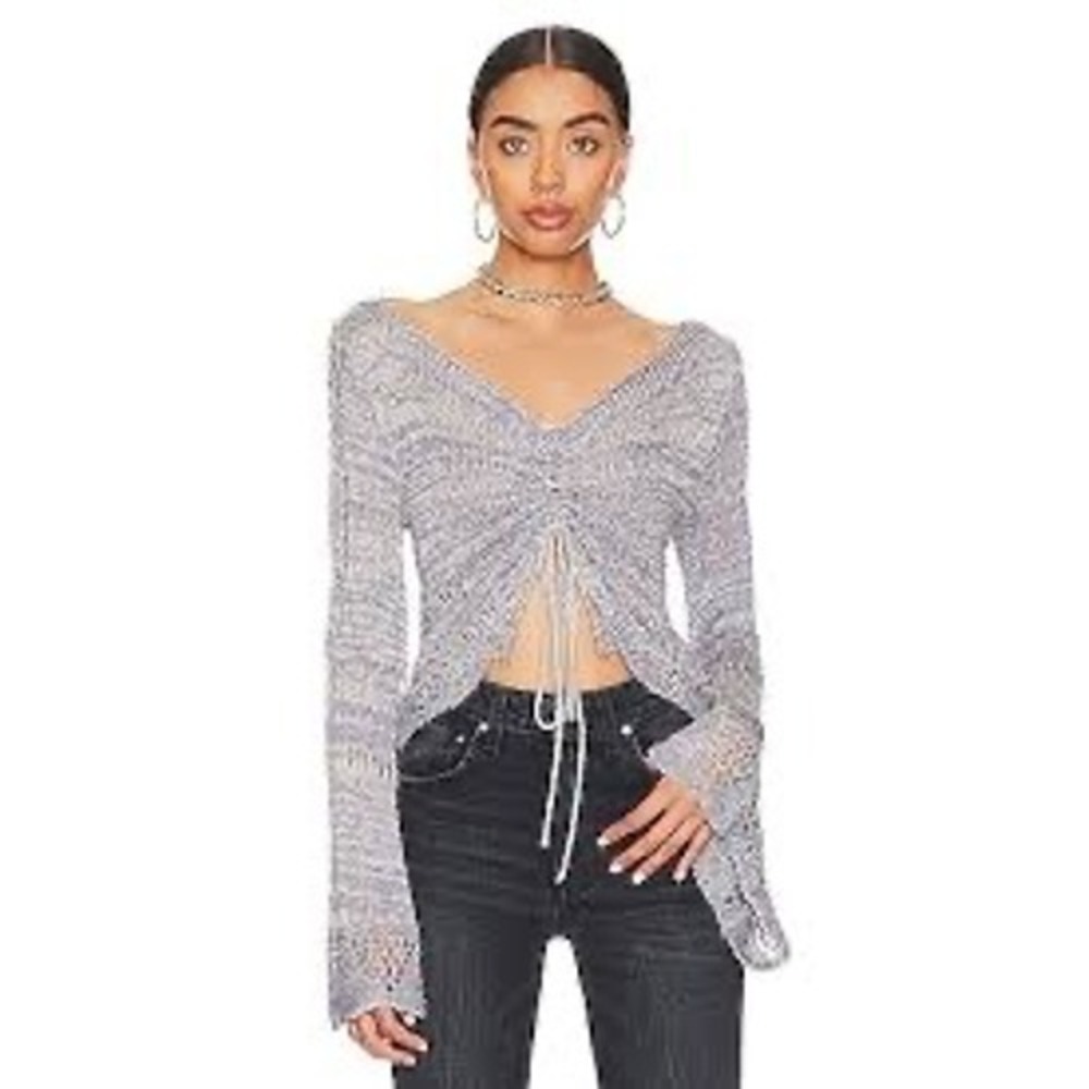 Free People Zinnia Top Women XS Blue EUC Ruched Bell Sleeve OB1469520 Boho
